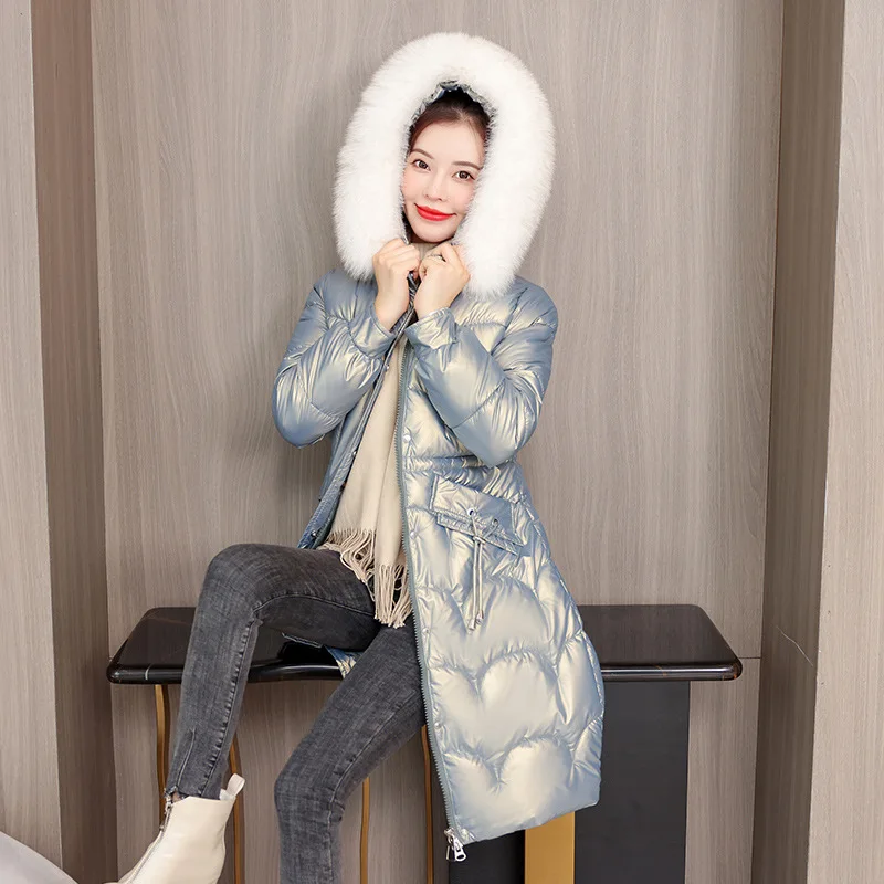 2024 Winter Jacket Women Korean Version New Big Fur Collar Cotton Coat Bright Face Hooded Long Warm Down Cotton Jackets