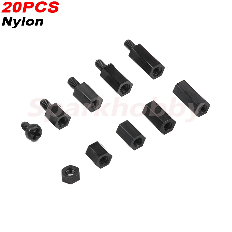 20PCS M3 Nylon Screw Black Hex Nylon Standoff Spacer Column Male/Female to Female Flat Head Nylon Plastic Spacing Screws Nuts