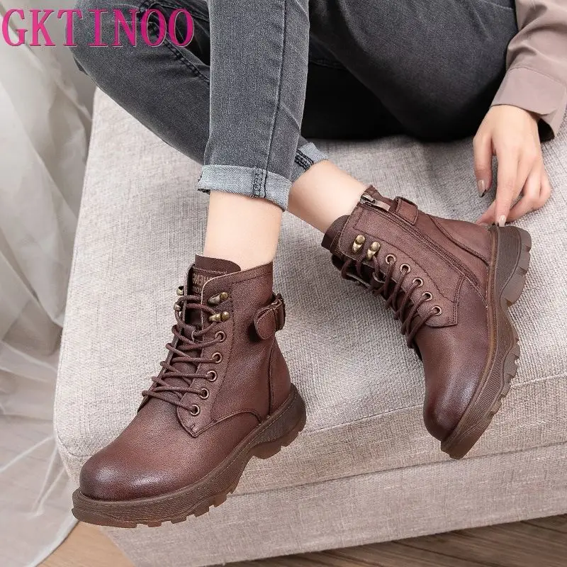 Damskie buty za kostkę z prawdziwej skóry Kobiety Jesień Zima Sznurowane Vintage Kobiety Punk Buty Płaskie Buty Damskie Kobieta Botas Mujer