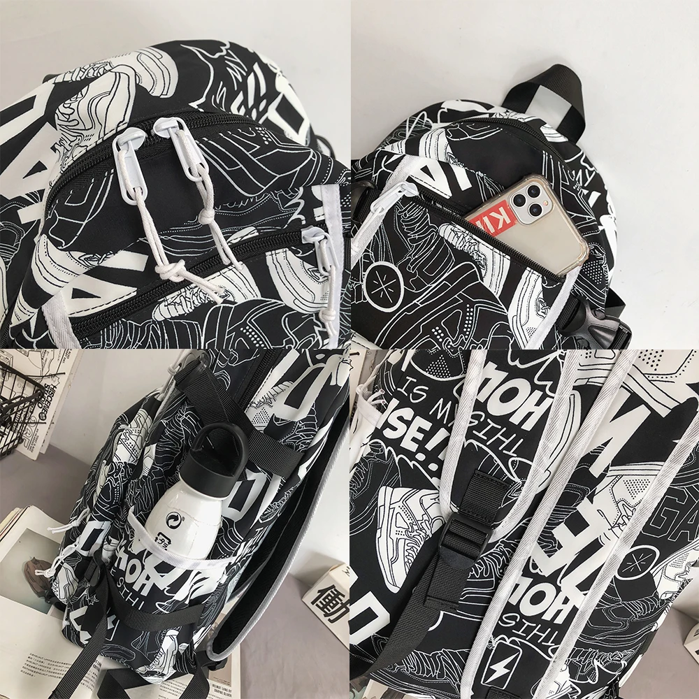 Harajuku Girl Male School Bag Female Graffiti Print Men Backpack Women Book Boy Bag Nylon Ladies Fashion Laptop Backpack Student