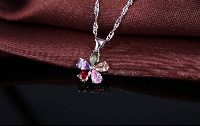 925 Sterling Silver Necklace Earrings Jewelry Sets for Women Female Gift Rainbow Colorful Cubic Zircon Flower Shining Pendants