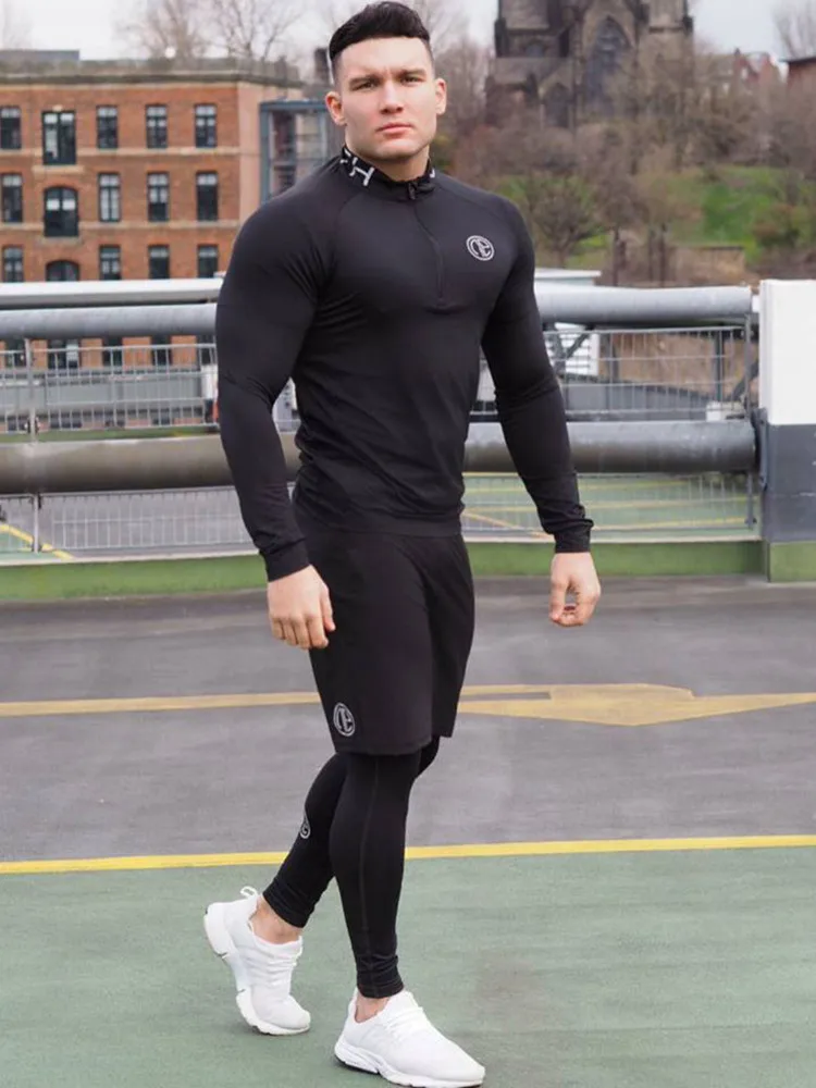 Men\'s Skinny Fitness 3 Pieces Sets Bodybuilding Cycling Stretch Tracksuits Tight Long Sleeve Sportswears+ 2 in 1 Leggings Pants