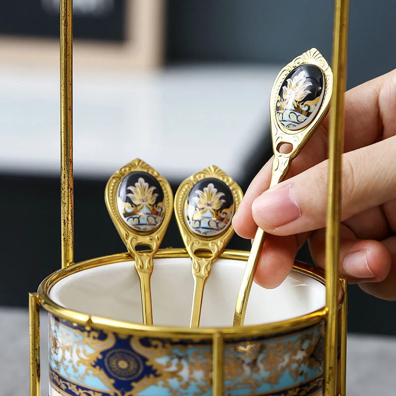 Łyżka do mieszania ze stali nierdzewnej, tłoczona chochla do kawy, ceramiczna rączka, pozłacana łyżka do ciasta, zastawa stołowa, miarka do miodu, kuchnia