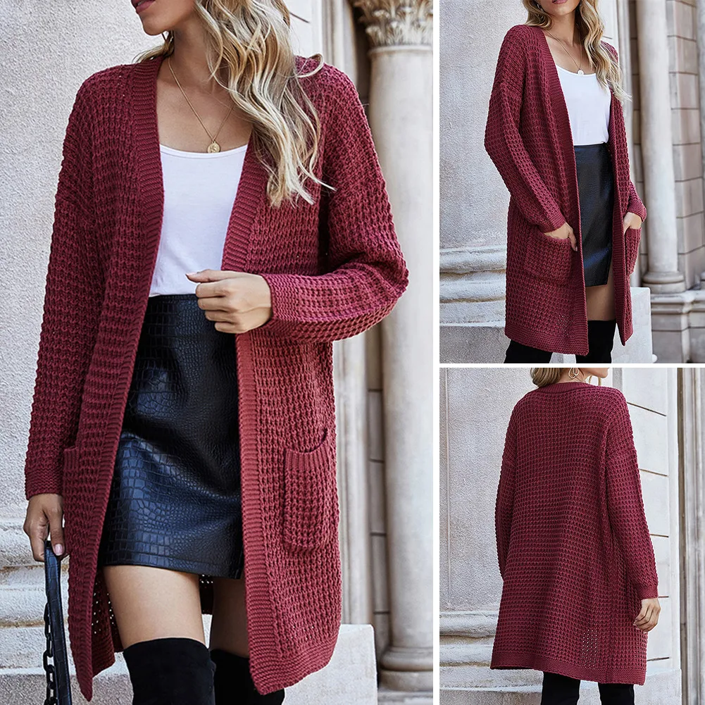 Solid Color Women Knitted Sweater Cardigan Loose Large Size Pocket Open Front Sweater Coat woman sweaters