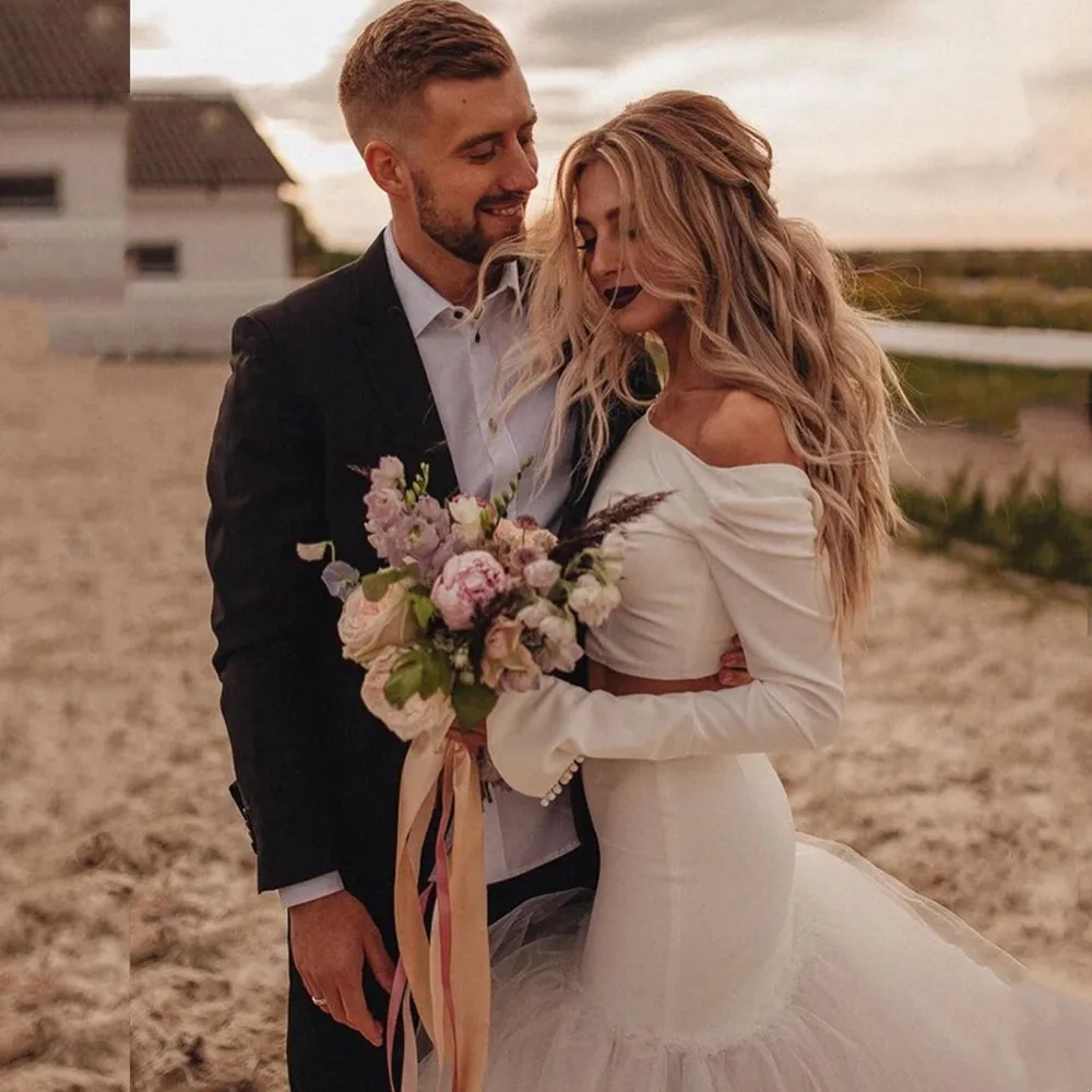 Vestidos de novia de dos piezas de estilo campestre, vestido de novia sencillo de tul de manga larga con cuello redondo, vestidos de novia de playa Vintage personalizados