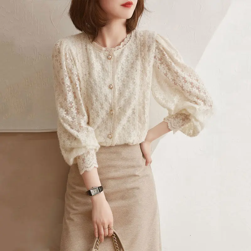 Women Lace Shirts Hollow Out Thick Long Sleeve Button Tops Elegant Warm Bottoming Clothes OL Pearls Gentle O-neck Blouses Femme