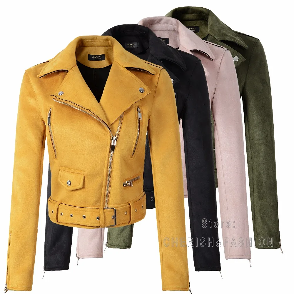 

New Arrial Women Autumn Winter Suede Faux Leather Jackets Lady Fashion Matte Motorcycle Coat Biker Yellow Pink Black Outwear Hot