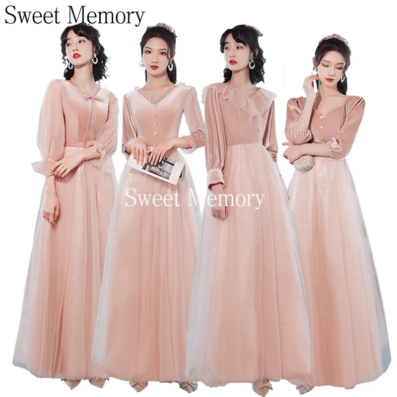 Customized Sweet Memory J189 Vintage Dresses Blue Pink Tulle Velvet Bridesmaid Dress 2021 Wedding Gown For Women Formal Robes