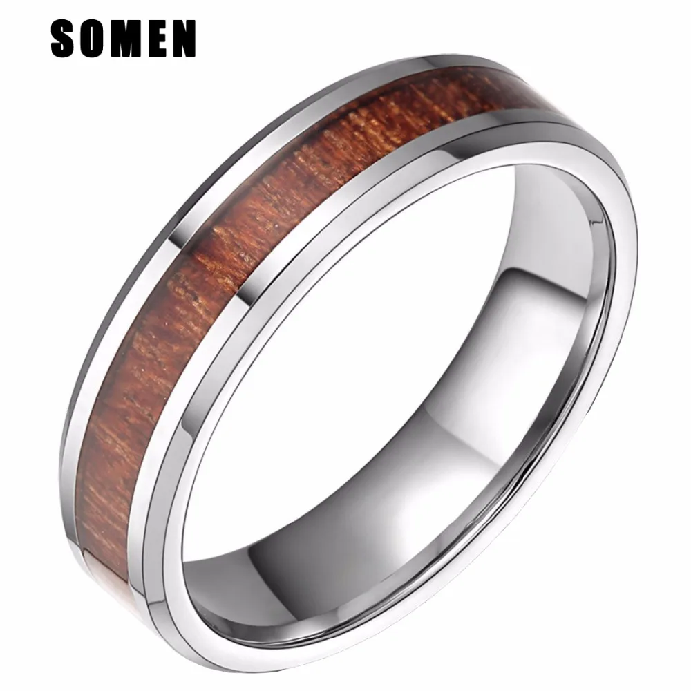 6MM Red Wood Silver Color Tungsten Carbide Ring Wedding Band Wooden Rings Men Women Fashion Jewelry anel feminino Comfort Fit