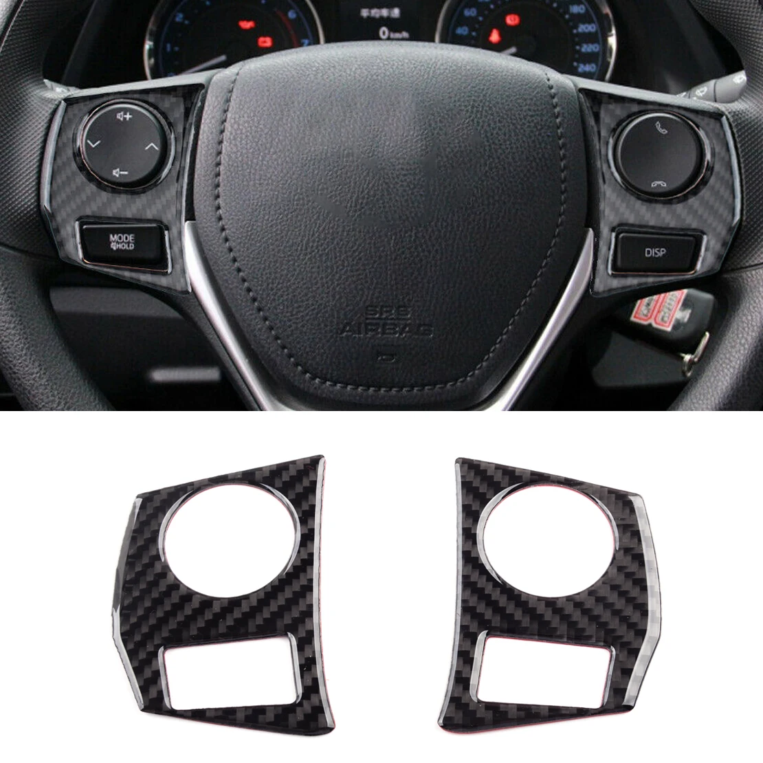 1Pair Left & Right Steering Wheel Button Cover Trim Frame Carbon Fiber Black Fit for Toyota Corolla 2014 2015 2016 2017 2018