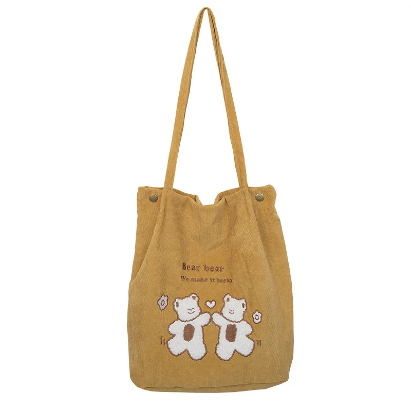 Canvas Handbag with Cute Bears Shopper Bags for Women Large Capacity Bag Solid Color Shoulder Bag