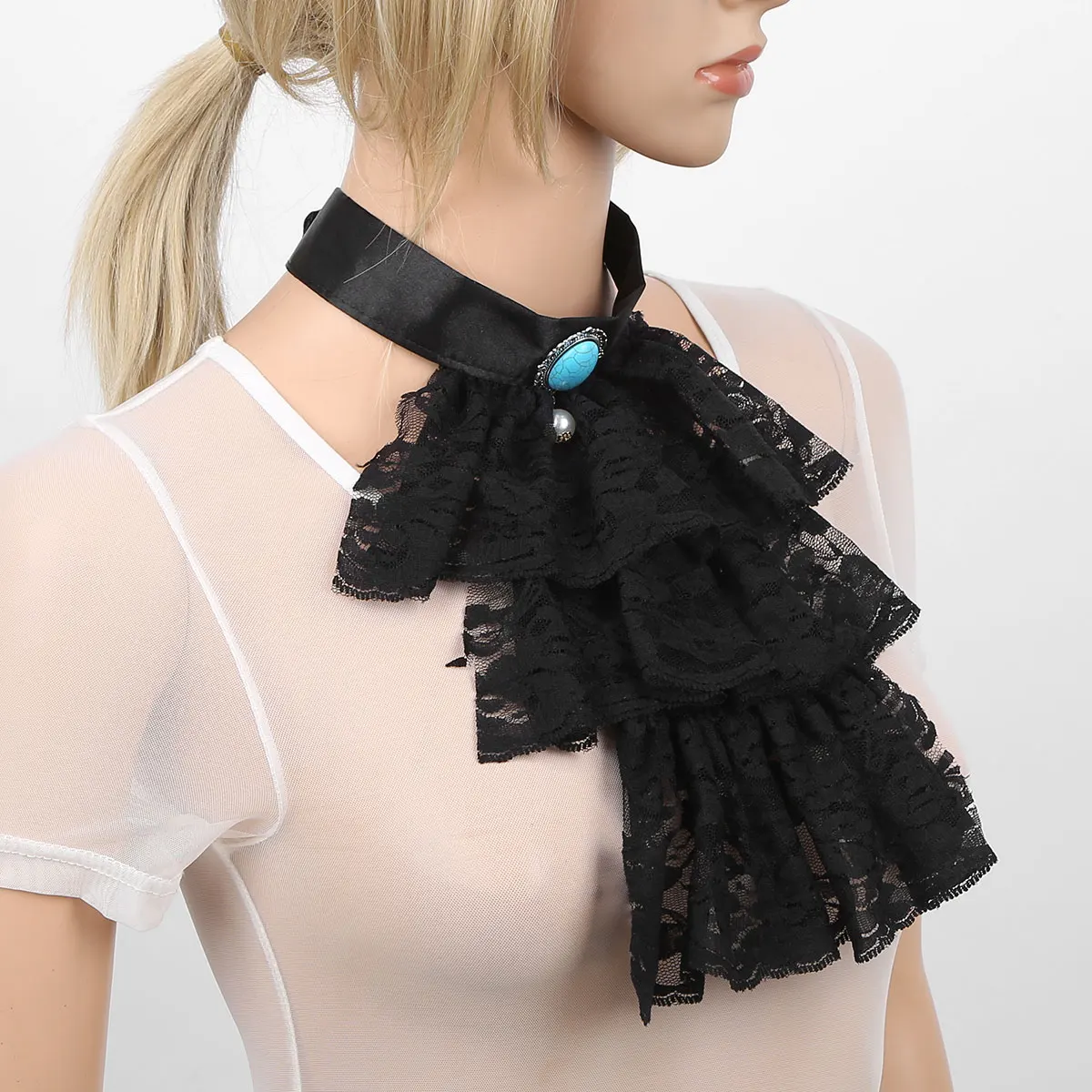 Womens Ladies Victorian Renaissance Detachable Ruffled Lace Jabot Neck Collar Stage Party Steampunk Costume Accessory