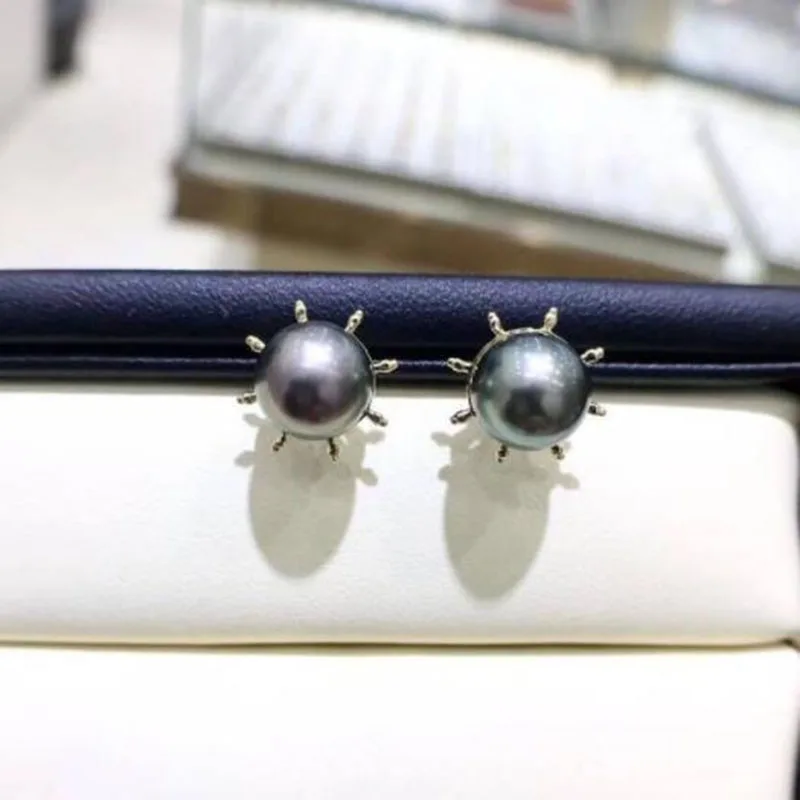 stunning 9-10mm tahitian round black green pearl earring 18k