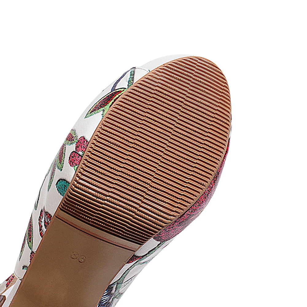 Summer Pumps Women Bow Thick Bottom Sandals Ladie Party Dress Shoes Flower Print Fish Mouth High Heels Female Zapatos De Mujer