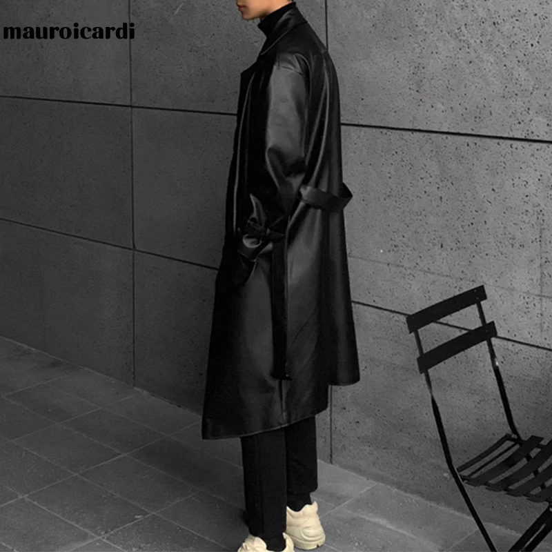 Mauroicardi-Manteau long noir en similicuir pour homme, ceinture initiée par la chute, combinaison en similicuir, printemps, automne, respirant, 2022