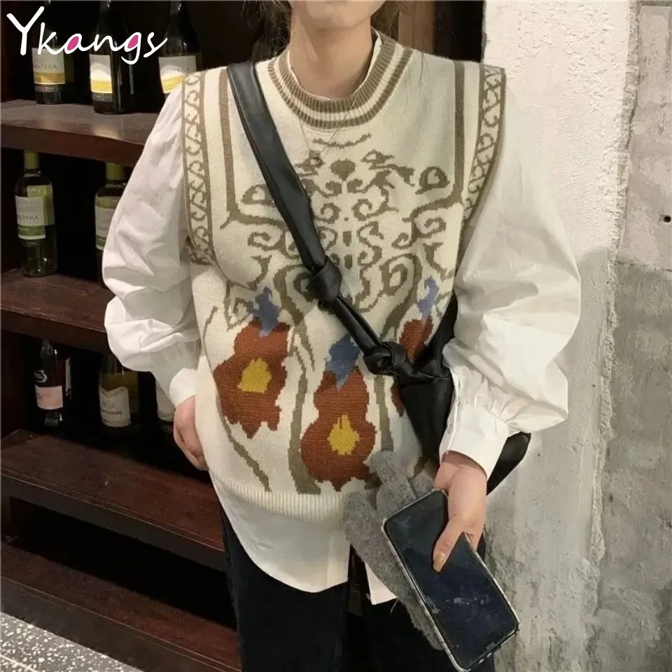 

Jacquard Harajuku Folks Style Sleeveless Vest Sweater Women Loose Chic Knit Sweet Korean Retro Goth Ulzzang Sweater Vest Female