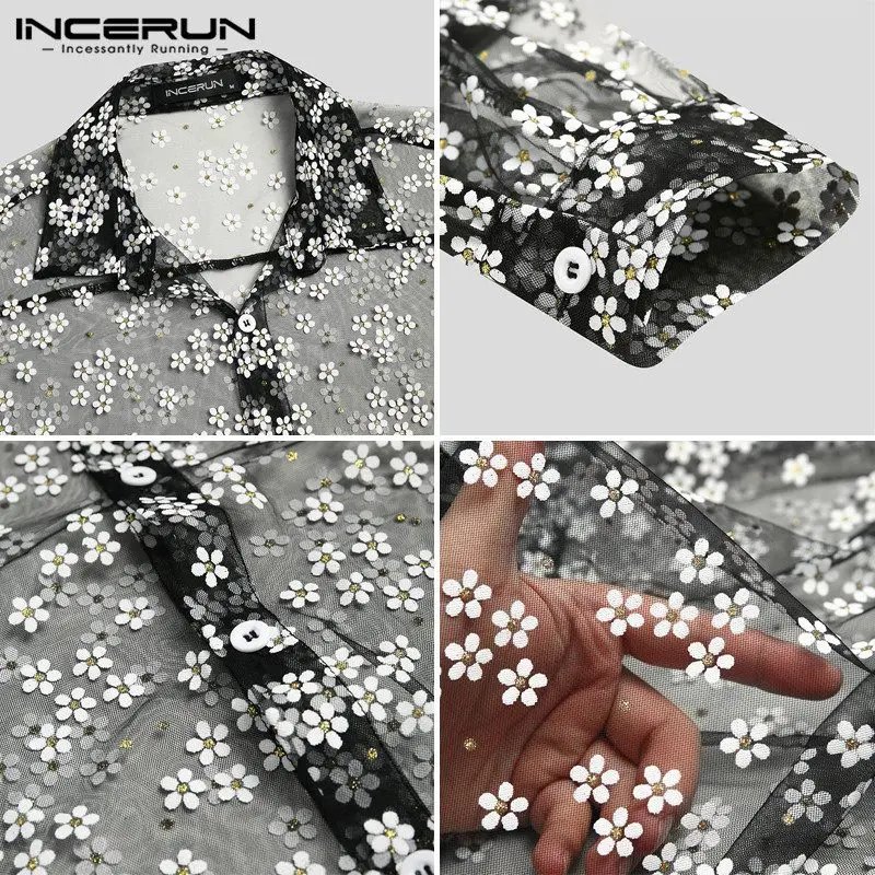 INCERUN Fashion Men Mesh Shirt Long Sleeve Transparent Printing Casual Loose Tops Streetwear Lapel Party Clubwear Tops Casmias