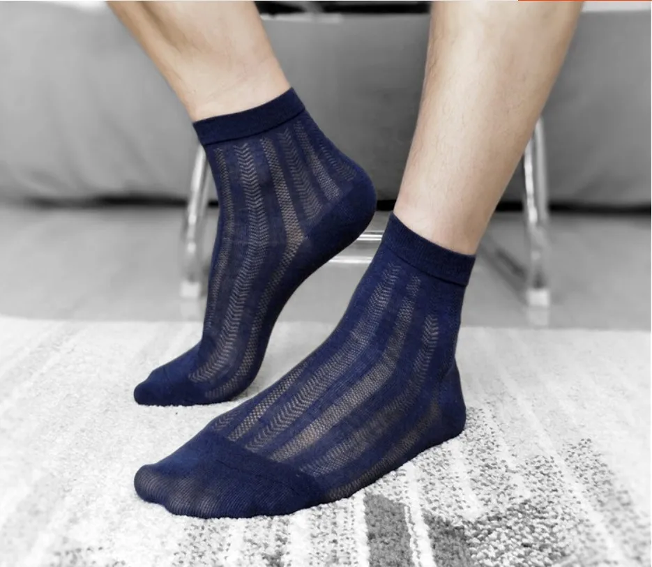 Men's Transparent Mesh Short Ankle Socks Soft Nylon Business Men Tube Ultra-thin Silky Socks Navy Black Male Sheer Striped Sock