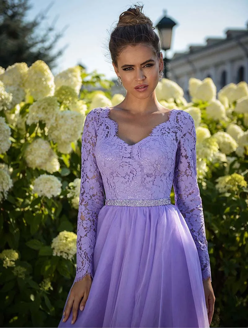 Customized Lilac Lace Long Sleeve Evening Party Dresses V Neck Beaded Belt Back Out Prom Formal Gown Customized Robe De Soirée