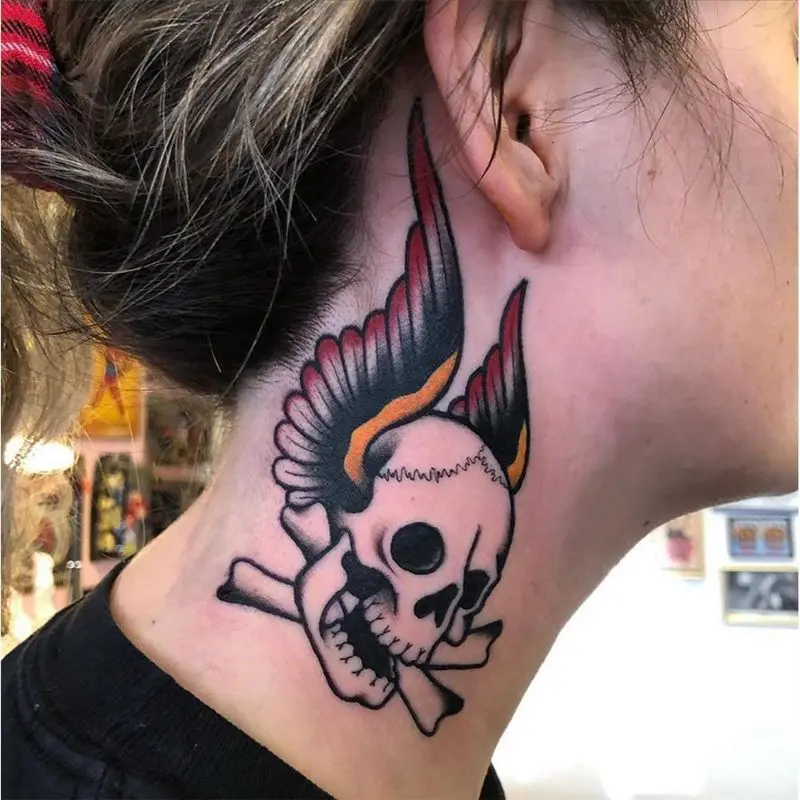 Color Skull Wing Temporary Tattoo Sticker Waterproof Men and Women Dark Personality Fake Tattoo Neck Ankle  Totem Tattoo Sticker
