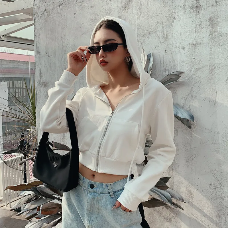 Front Pockets Zip Up Hoodies Women Spring Fall Solid Color Crop Top Casual Sweatshirt Ladies White Black Cropped Hooded