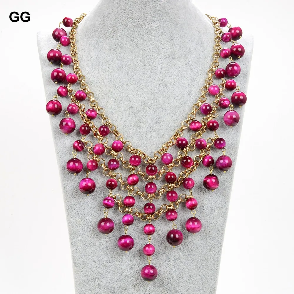 

GuaiGuai Jewelry 19" Natural Rose Red Tiger's eye Gems stone Gold Color Plated Chain Necklace For Women