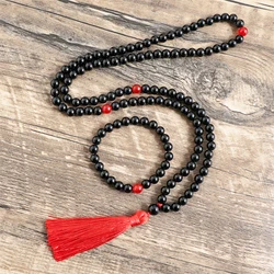 8mm Natural Stone Black Onyx Red Agate Japamala Sets Prayer Jewelry Yoga Meditation 108 Mala Beads Neckalce