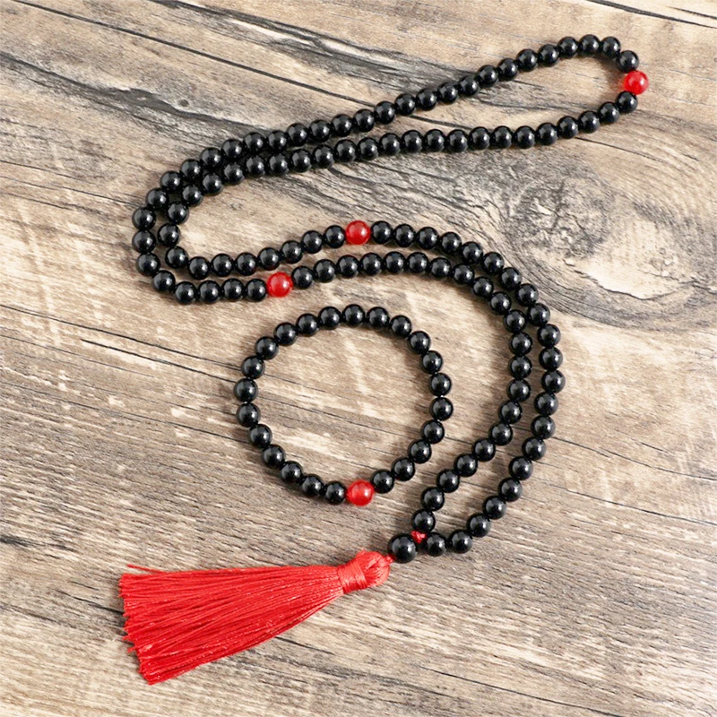 8mm Natural Stone Black Onyx Red Agate Japamala Sets Spiritual Jewelry Yoga Meditation Inspirational 108Mala Beads Neckalce