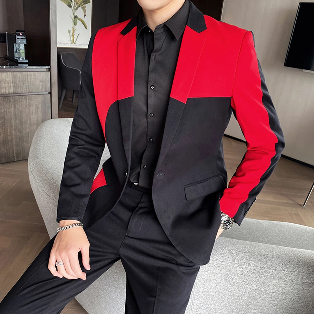 Slim Fit Black Red Stitching Men Coat Notch Lapel Blazer Trousers Groomsmen Suits Party Wear 2Pcs Prom Smoking Male Jacket+Pants