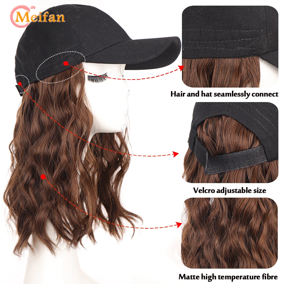 MEIFAN Synthetic Fluffy Wave Curly Natural Hair with Hat Baseball Cap Naturally Connect Adjustable Trucker Hat Wig