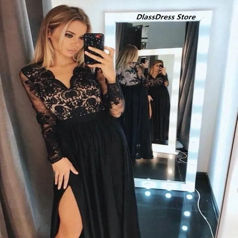 Vintage Black Long Sleeve Evening Dresses Sheer Appliques V Neck Split Evening Prom Gowns Women Ball Gown Vestidos De Noche New