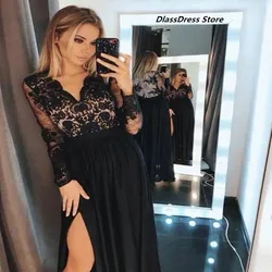 Vintage preto manga longa vestidos de noite sheer apliques v pescoço dividir vestidos de baile de noite das mulheres vestidos de noche novo