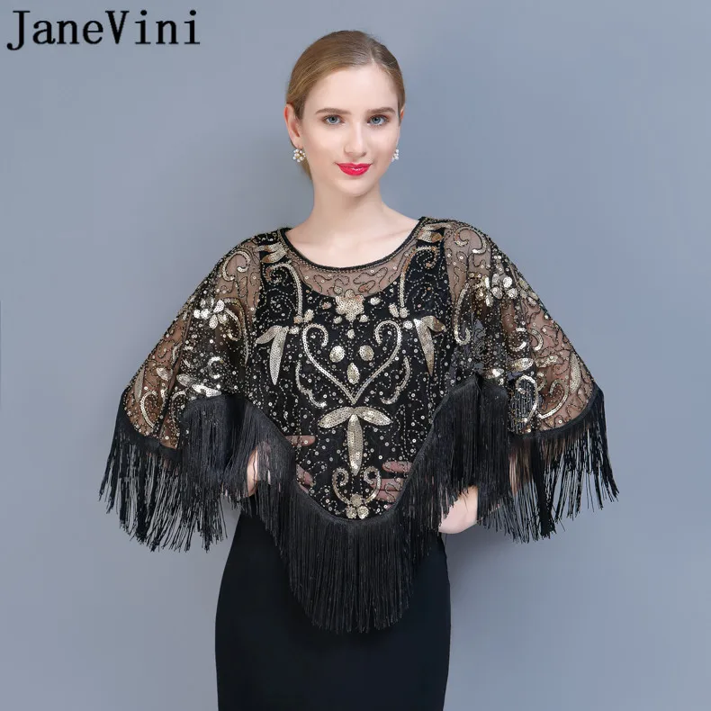 

JaneVini 2020 Fashion Black and Gold Sequins Wedding Capes Luxury Beading Women Pullover Tassel Party Bridal Wrap Jacket Boleros