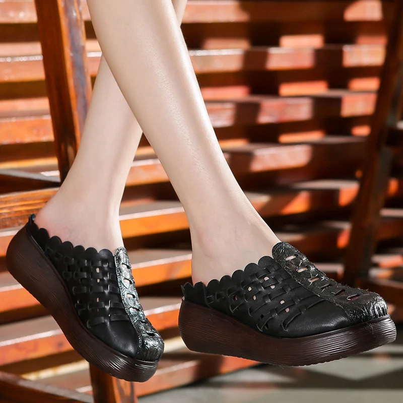GKTINOO 2024 Retro Slippers Genuine Leather Shoes Handmade Slides Flip Flop On The Platform Clogs For Women Hollow Woman Slipper