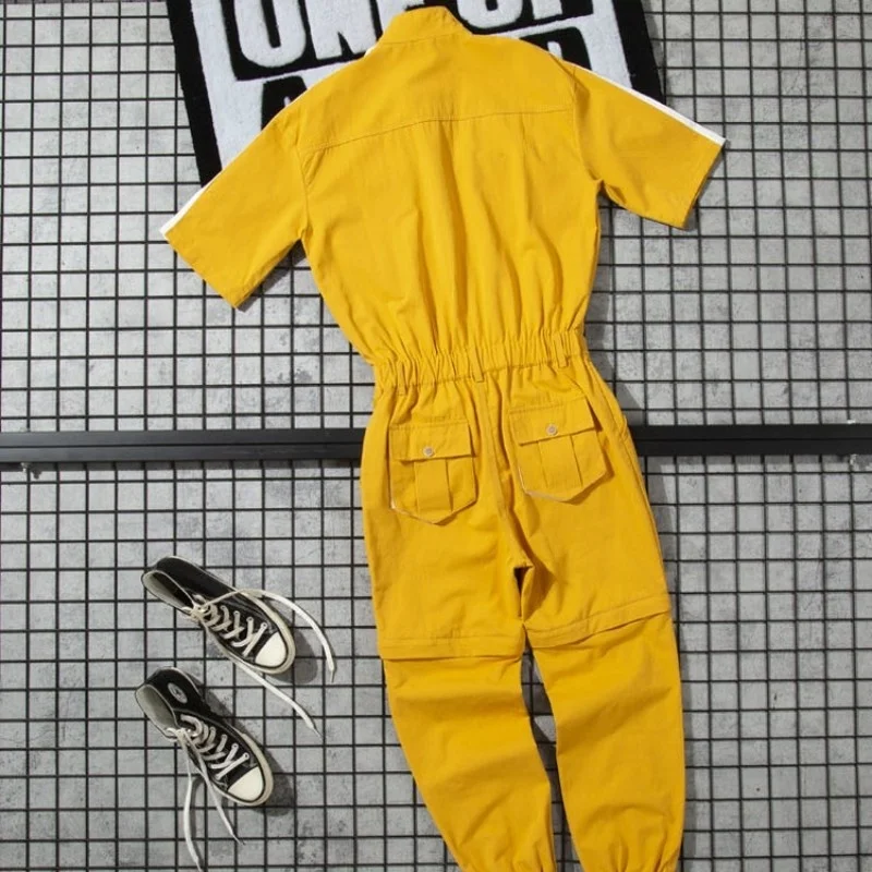 Sleeve Short Cargo Jumpsuits Men Retro Harajuku Style Loose Casual Overalls Multi-Pockets Spliced Hip Hop Trousers Male M-2XL