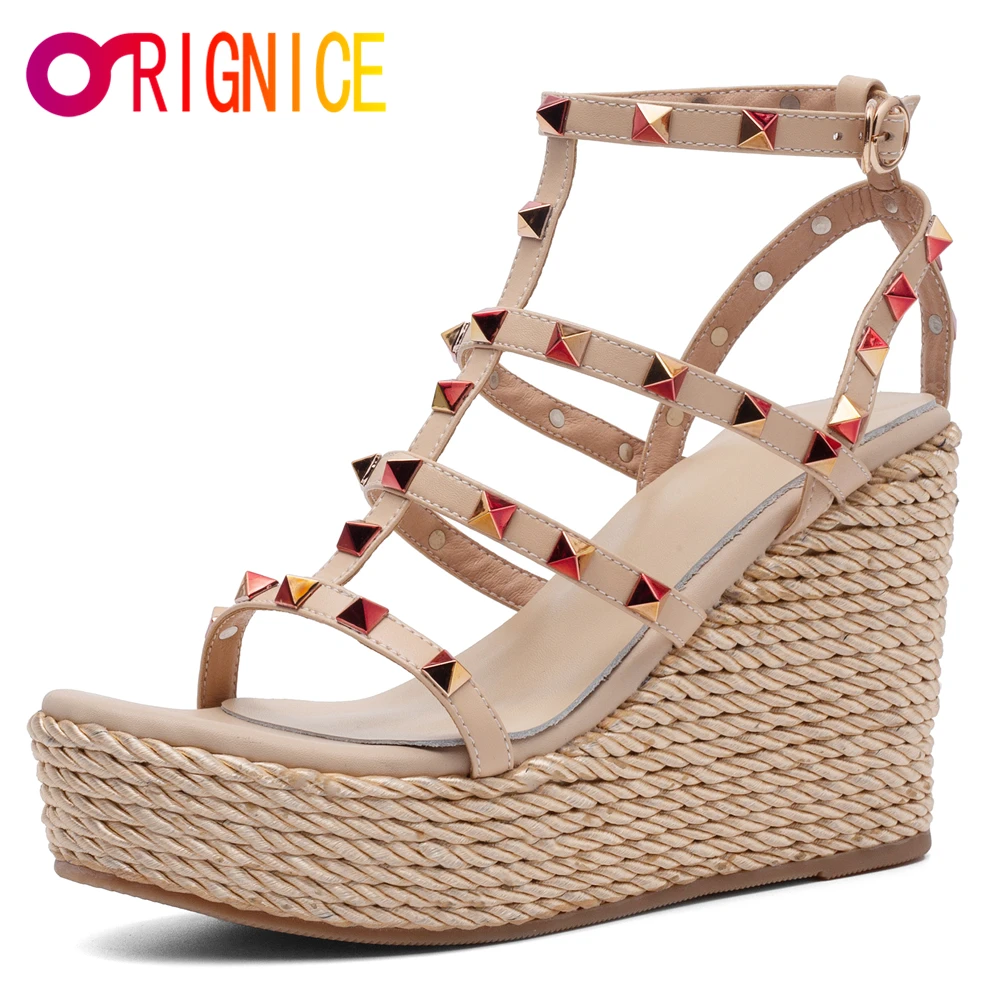 

Orignice Brand Design Women Cow Leather Sandals Platform Wedges Buckle Strap Rivet Fashion Street Summer Shoes Handmade For Lady