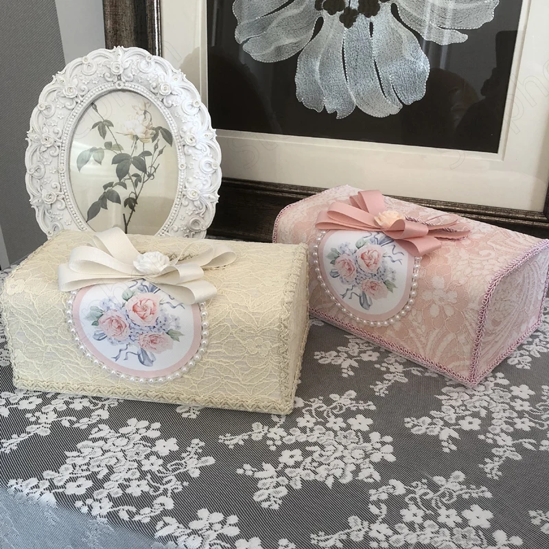 Vintage Embroidery Cloth Tissue Boxes Nordic Modern Handwork Lace Napkin Holder Pastoral Pearl Embellishment Paper Towel Box