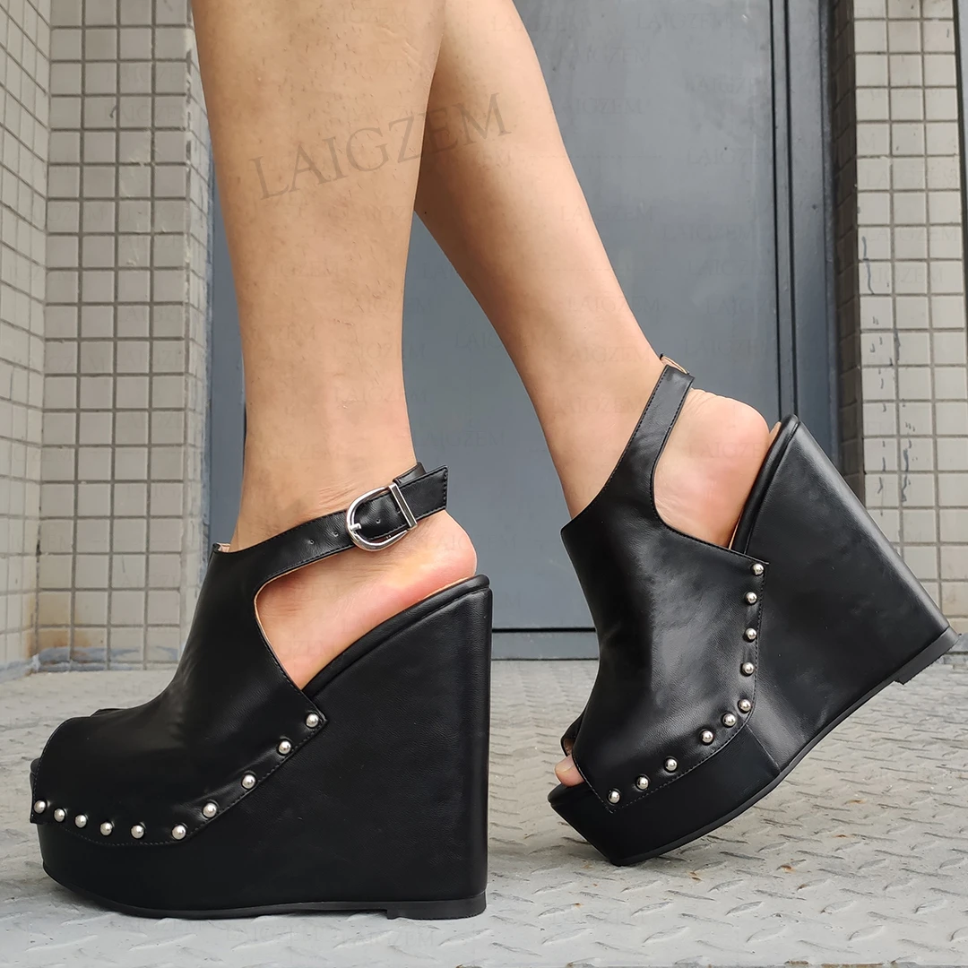 

LAIGZEM Women Platform Wedges Peep Toe Pumps Faux Leather Height Increase Sandals Studded Laides Shoes Woman Big Size 41 46 52
