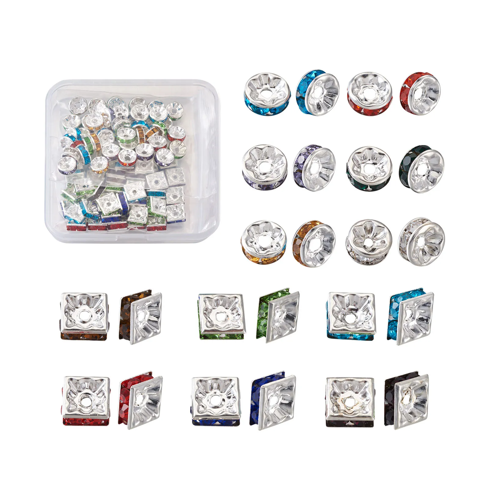 100Pcs Mixed Color Brass Rhinestone Spacer Beads Square & Rondelle Silver Color Plated Bracelet Beads DIY Fahsion Jewelry Making