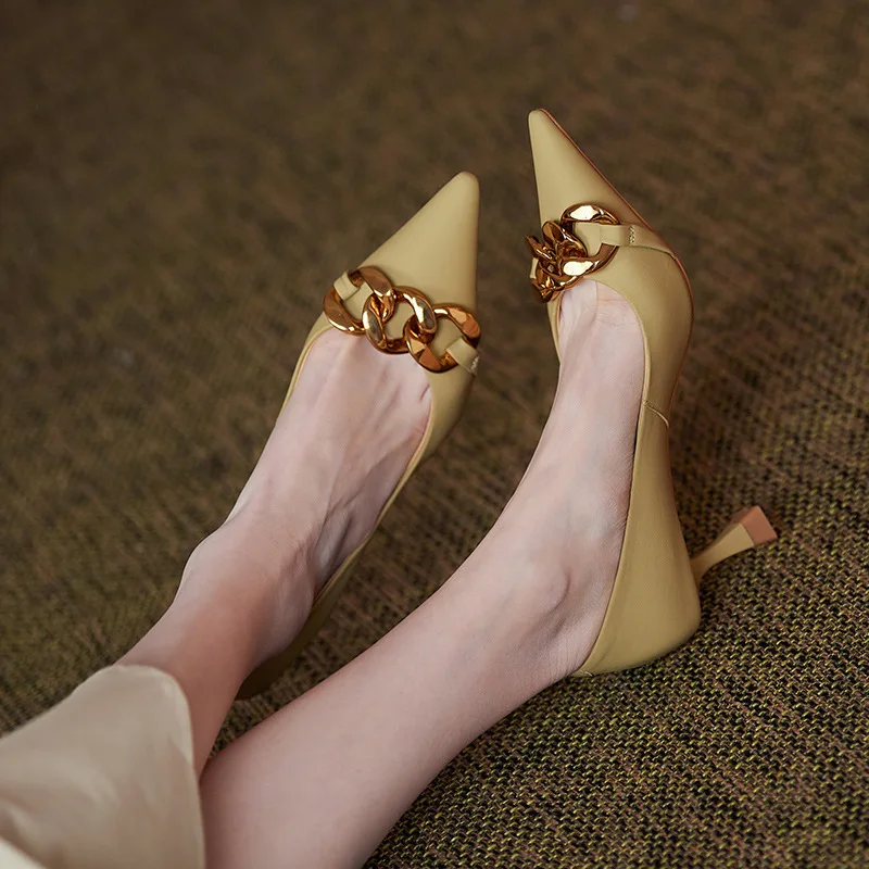 Pointed Toe Women Pumps Metal Chain Shallow Design Thin High Heels Pumps Yellow Shoes Office Pumps Work Shoes Woman Size 34-39