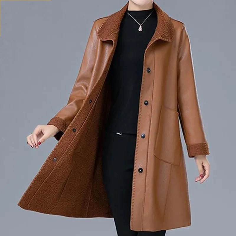 PU Leather Jacket Coat Middle-aged Women Long Autumn Winter Korean Wild Plus Velvet Windbreaker Female Casual Loose Leather Coat