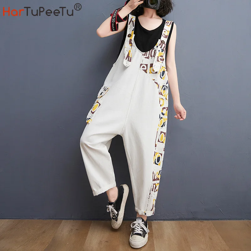 Denim Jumpsuit Women Autumn 2021 Letter Print Ankle-Length Baggy Bib Pants with Strap Loose Jeans Size M~2XL High Waist Overalls