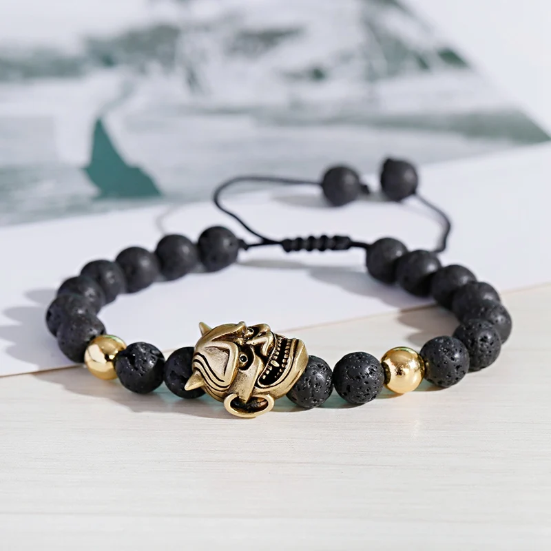 Classic Lava Stone Beaded Men Bracelet Fashion Demon Skull Alloy Braided Rope Bangles Pulsera Hombre