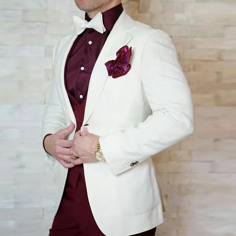 

New Style Ivory Jacket Burgundy Vest Pant Groomsmen Notch Lapel Groom Tuxedos Terno 3 Pieces Men Suits Wedding Best Man Blazer