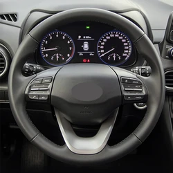 Hand-stitched Artificial Leather Steering Wheel Cover Black DIY Car Steering Wheel Covers for Hyundai Kona 2017 - 2019