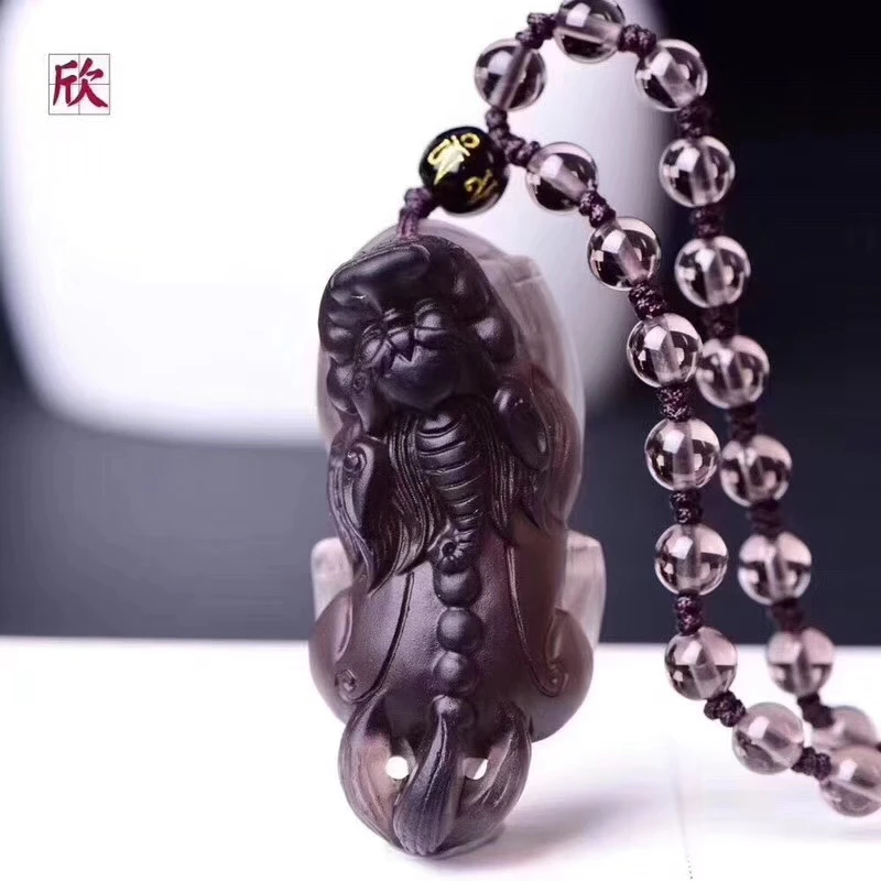 

Natural ice grade obsidian Foo Dog Pendant Lucky beast Amulet With mala bead necklace hanging drop mascot