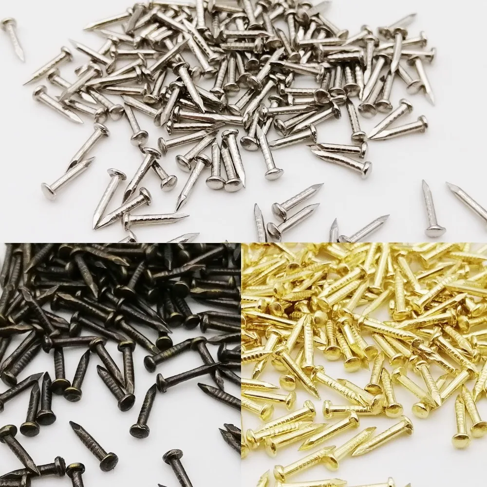 HZYUEGOU 200 Stück Goldene Silberne Antik-Messing Nadeln, Durchmesser=1,2/1,5mm, Länge=6/8/10mm, Kleine Mini-Rundkopfnägel aus Eisen für Schmuckkästchen-Scharniere – Detail 3