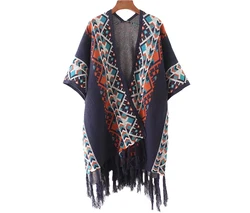 Cheshanf 2021 kobiety jesienno-zimowa plemienna etniczna dzianinowy kardigan sweter ciepły szal moda Streetwear Poncho Cape