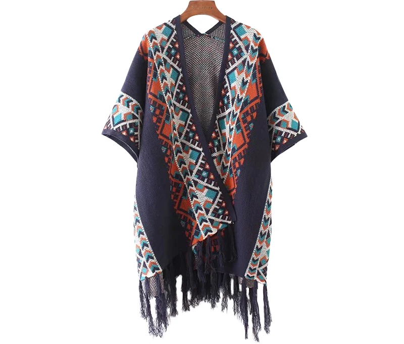 Cheshanf 2021 Women Autumn Winter Tribal Ethnic Knitting Cardigan Sweater Warm Shawl Fashion Streetwear Poncho Cape