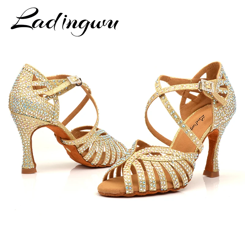 Ladingwu Women Party Dance Shoes Flash cloth Shining rhinestones Soft Bottom Latin Dance Shoes Woman Salsa Dance Shoes heel 6-10